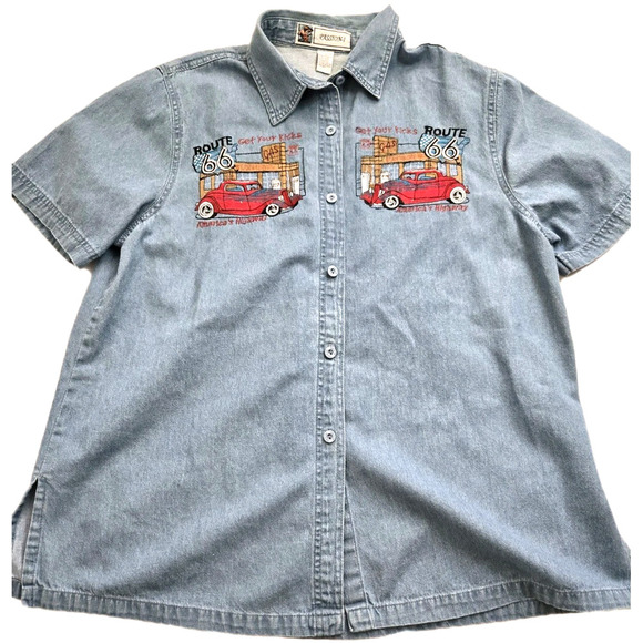 Vintage‎ Passion-I EUC Route 66 Short Sleeve Denim Women Shirt Hot Rod Medium - Picture 4 of 11